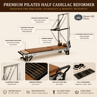 Mesa de Pilates Reformer Queenlife Clinical Half Cadillac Trapeze con Estructura de Aluminio, 8 Resortes Alemanes y Barra de Empuje Ajustable