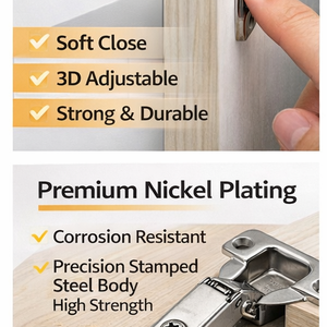 บานพับประตูครัวแบบซ่อนขนาด 35 มม. ปรับได้ 3 มิติ พร้อมแผ่นฐาน, เหล็กปั๊มขึ้นรูปอย่างแม่นยำ, เปิดได้อย่างราบรื่น - Product Image 6
