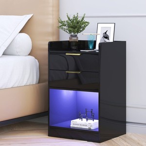 Mueble <span class=keywords><strong>de</strong></span> <span class=keywords><strong>Noche</strong></span> Moderno <span class=keywords><strong>de</strong></span> Madera <span class=keywords><strong>de</strong></span> Lujo Más Vendido con Luz LED y Cargador Inalámbrico, Mesa <span class=keywords><strong>de</strong></span> <span class=keywords><strong>Noche</strong></span> Negra para el Hogar - Product Image 1