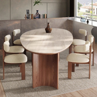 Ensemble Table et Chaises de Salle à Manger Minimaliste de Luxe, Cadre en Bois de Frêne, Assise en Cuir, Extensible, Mobilier de Maison Français Clair en Forme de Goutte d'Eau