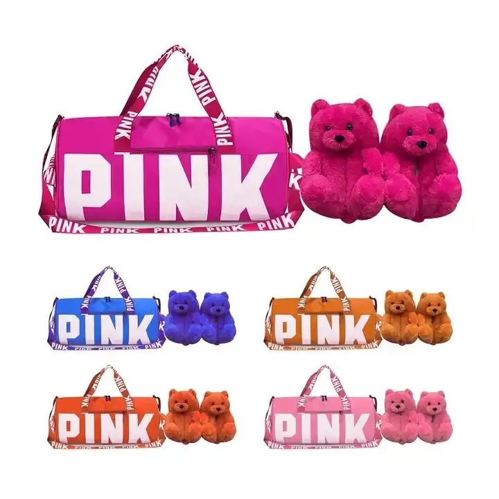 New Arrival Pink Duffle Travel Set with Custom Plush Teddy Bear Slipper Pattern for Gym Overnight Stay or Weekender Bag