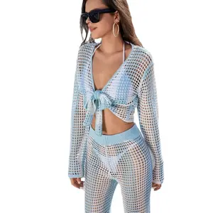 2026 Zomervakantie Casual Losse Gestreepte Gebreide 2-delige Set Bikini Cover Ups Lange Mouwen Vest Lange Broek Vakantie - Product Image 5