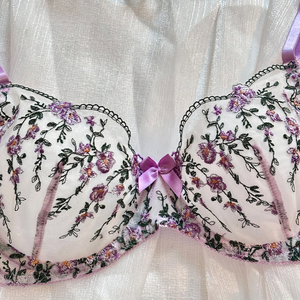 Wholesale Floral Embroidery Lingerie Set Sexy Sheer Mesh Underwire Bra and Thong Panties Set 2 Piece Elegant Lace <b>Underwear</b> Set - Product Image 5