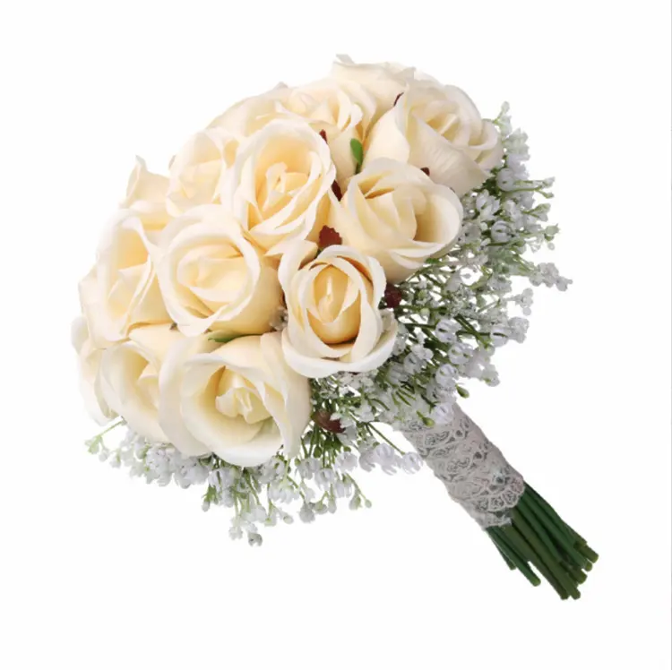 Đám cưới trang trí màu trắng và màu xanh lá cây bảo quản bó hoa cô dâu lãng mạn phù dâu cầm bó hoa cô dâu