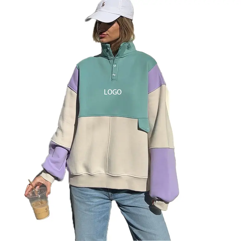 Dames Kleding Custom Hoge Kwaliteit Vrouwen Casual Wol Multicolor Patchwork Sweatshirt