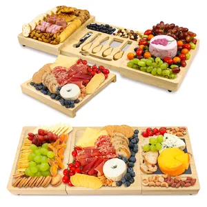 GL Multifunctional Extended Bamboo Cheese Cutting Board With Knife Slate Set Food Tray For Party And Restaurant Serving Tray