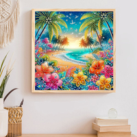 Kit de Peinture Diamant Partiel 30x30cm, Motif Plage Tropicale et Fleurs de Palmier, Artisanat DIY en Strass de Cristal pour Décoration Murale Domestique