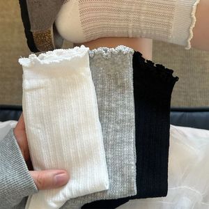 Women's Slouch Socks Solid Color Cotton Breathable Mid-Calf Ruffled Trim Casual Socks For Spring Summer - Product Image 3