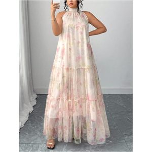 Vestido Maxi Floral para Mujer, Cuello Halter, Gasa, Corte A, Cintura Imperio, Capa Transparente, Vestido de Verano para Vacaciones, Estilo Bohemio - Product Image 4