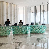 Comptoir d'accueil d'hôtel haut de gamme en fibre de verre transparente au design artistique, origine Guangdong, pour entreprises et bureaux de consultation