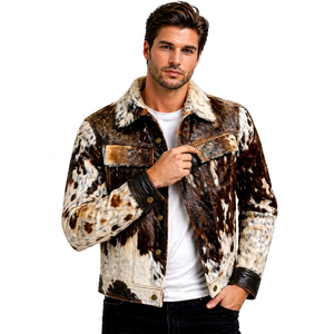 Veste en cuir de vachette marron et blanc pour homme, design personnalisé, col rabattu, doublure en fourrure, hiver, décontractée, épaisse, design patchwork - Product Image 1