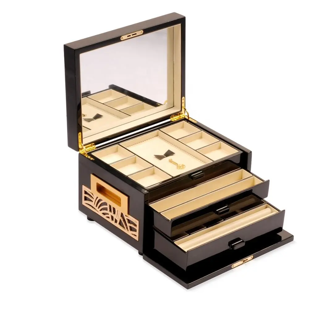 उच्च गुणवत्ता उपहार काले/सोने लक्जरी लकड़ी के गहने बॉक्स के साथ चमकदार चित्रकला/मखमल/पु/दराज/कस्टम उत्कीर्णन पैटर्न/दर्पण