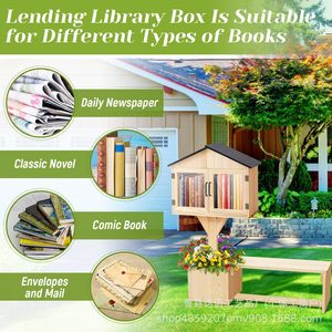 Ensemble bibliothèque miniature en bois pour extérieur avec banc et jardinière, rangement partagé pour livres, couleur bois naturel, durable - Product Image 3