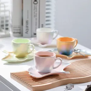 Pearl Glazed Coffee Cup Ocean Style Gradient Wedding Business Gift Lovers Mug Ceramic Tea Cups and Saucer Set
