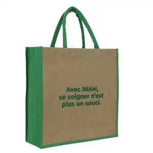 Custom Women's Linen Handbag Reusable Bolsas De Yute Gift Shopping Jute Burlap Bags With Coated Linen & Cotton Handles