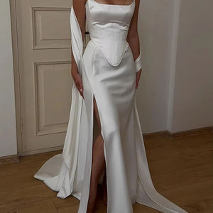 Mily gaun pengantin MHL636, Bustier tanpa lengan dan rok Maxi Satin belah 2 potong korset gaun pernikahan dengan syal - Product Image 1