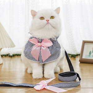 Harnais rayé bleu pour animaux de compagnie avec nœud rose pour chats et chiens, taille petite et moyenne, ceinture de traction en polyester - Product Image 1