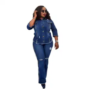 Hot Sale Africa ladies coat pant suits hole woman jeans suit ripped jeans womens