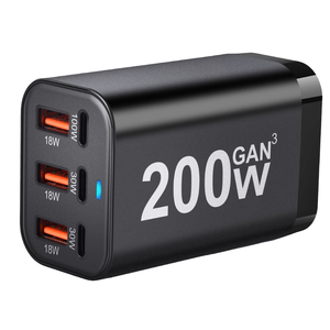Cargador de Escritorio GaN de Viaje de 200W, 6 Puertos USB C, Estación de <span class=keywords><strong>Carga</strong></span> Rápida, Enchufe Múltiple <span class=keywords><strong>para</strong></span> EE. UU., UE, Reino Unido y Australia, <span class=keywords><strong>para</strong></span> Laptop, Teléfono y Cámara - Product Image 1