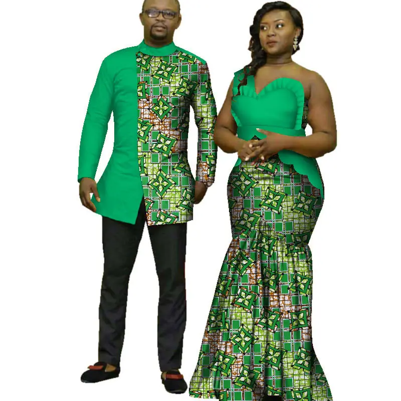 אפריקה אתני שעווה מודפס סטרפלס נשים שמלה עם צמיד גברים של חולצת כותנה אפריקאי זוגות בגדים