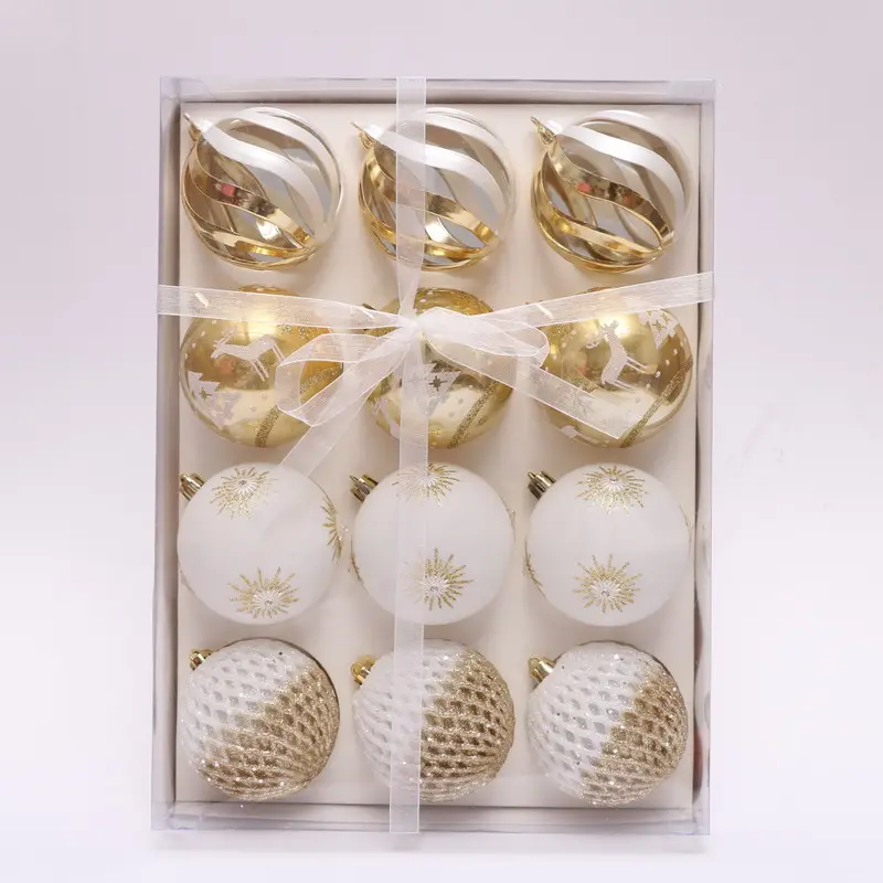 クリスマスデコレーション8cmホワイトとゴールドのボールセット手描きのオーナメントプラスチックボールを組み合わせた4つのデザイン