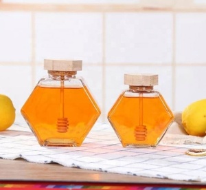 Hot Selling 100ml 220ml 380ml Storage Bottle Stick Spoon Hexagon <b>Container</b> Honey <b>Glass</b> Jar With Wooden Lid - Product Image 6