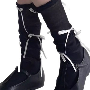 Calcetines Largos Grises con Lazo para Mujer, Estilo Juvenil, Transpirables, de Fibra de Poliéster - Product Image 4