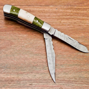 Damascus Steel Folding Pocket <b>Knife</b> Double Blade Drop Point Camel <b>Bone</b> Pakka Wood <b>Handle</b> DIY - Product Image 3