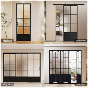 Puerta Corredera Manual Minimalista de Estilo Francés Retro, Puerta de Vidrio de Tres Paneles para Sala de Estar y Cocina, Puertas Arqueadas Interiores - Product Image 4