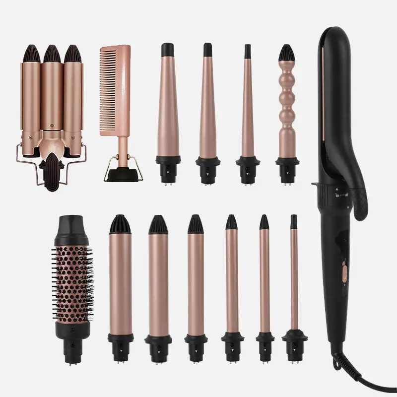 Fer à friser multifonctionnel à tête de baguette interchangeable avec brosse à lisser les cheveux bigoudi en céramique professionnel