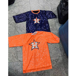 T-shirt con Paillettes a Forma di Lettera H con Motivo a Stella Bicolore Blu e Arancione, Manica Corta - Product Image 4