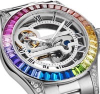 Montres OEM serties de diamants, montres de luxe à la mode avec pierres arc-en-ciel CNC, montre mécanique
