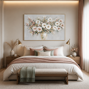 Bouquet floral romantique sur toile, peinture de fleurs roses et blanches, art mural avec cadre en bois doré - Product Image 1