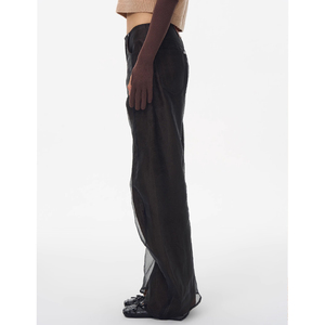 Vaqueros de Pierna Ancha Azul Oscuro con Corte Curvo y Estilo Largo, Personalizados, de <span class=keywords><strong>Doble</strong></span> Capa con Malla Marrón, Combinados con <span class=keywords><strong>Tela</strong></span> de Malla Ligera en el Exterior - Product Image 6