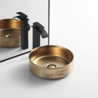 Lavabo en céramique fait main à poser sur comptoir, motif floral, couleur dorée, forme ronde, pour salle de bain