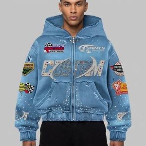 <span class=keywords><strong>Sweat</strong></span>-shirt <span class=keywords><strong>à</strong></span> <span class=keywords><strong>capuche</strong></span> graphique pour <span class=keywords><strong>homme</strong></span> en coton épais 100 %, avec patch brodé, imprimé DTG personnalisé, fermeture éclair et strass, style streetwear - Product Image 2