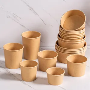 Contenedores de taza de sopa de comida rápida para llevar con impresión personalizada biodegradable fideos Ramen desechables taza de sopa de papel Kraft con tapas