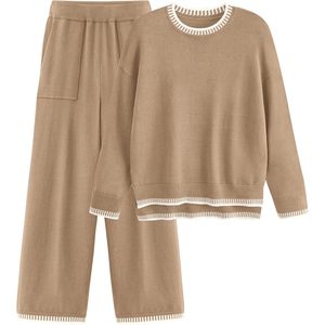 FOXA Women's <b>Knit</b> Sweater <b>Set</b> Long Sleeve Pullover Wide Leg Pants Casual Loungewear Two Piece Outfit - Product Image 1