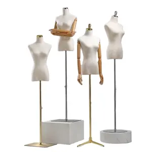 Gold Brush Woman Torso Dummy Fiberglass Mannequins with Linen Wrapped for Window Dress Display Fabric with Wooden hands