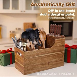 Wooden <b>Kitchen</b> Utensil <b>Rack</b> Wall Mounted Rectangle Natural Wood Color Knife Fork Spoon Organizer Drainer <b>Rack</b> Tableware <b>Storage</b> - Product Image 4