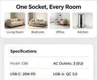 Multiprise d'extension en alliage d'aluminium compacte avec 3 prises CA + charge rapide USB-C pour chambre, bureau et salon