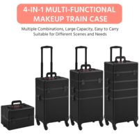 Valise de maquillage professionnelle 4 en 1 personnalisée, valise de maquillage à roulettes, valise de voyage extra large, organisateur de voyage, valise cosmétique en aluminium