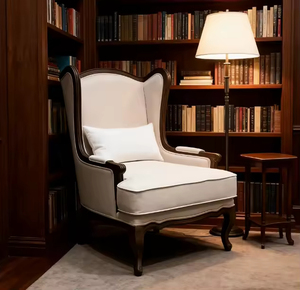 Fauteuil <span class=keywords><strong>Wingback</strong></span> classique tapisserie d'ameublement crème cadre en bois sculpté Style Vintage chaise de canapé monoplace pour salon - Product Image 3