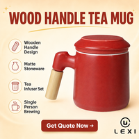 Ensemble de tasses à thé en céramique avec infuseur et poignée en bois, couleur rouge brique, avec passoire et soucoupe, logo personnalisé, vente en gros, cadeau pour le bureau