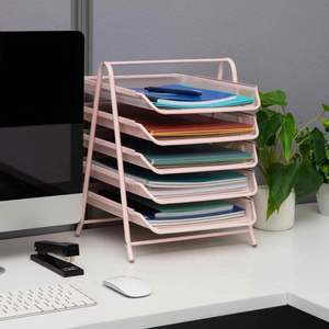 Metal Desk Organizer with 5 Sliding <b>Trays</b> for Letters and <b>Files</b> Holder 5 Tier Paper <b>Tray</b> Desktop <b>File</b> Storage Office Pink - Product Image 2