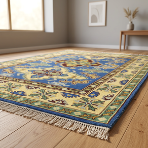 Tapis en laine moderne noué à la main, antidérapant, écologique, à poils moyens, motif tribal traditionnel bleu et jaune pour salon et chambre à coucher - Product Image 2