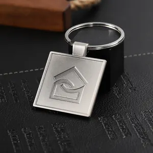 Custom Metal Matte Silver Square Engraved Customizable Logo Keychain