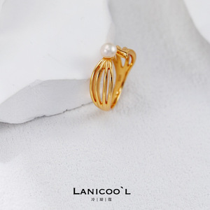 Bague ouverte en argent pur S925 plaqué or vintage, série Sentiment, feuille veinée enveloppée de perle, design haut de gamme et épuré, pour femmes - Product Image 6