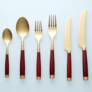 Gold Plated Cutlery <b>Set</b> With Red <b>Wood</b> Handles <b>Spoon</b> Fork Knife Minimalist Design Durable Flatware For Wedding Dining - Product Image 1