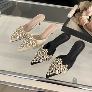 Chaussures sexy pour femmes, mode printemps/automne, élégantes, avec perles, patchwork de cristaux, à enfiler, talons fins, pantoufles, nouvelle collection 2023, 35-39 - Product Image 1